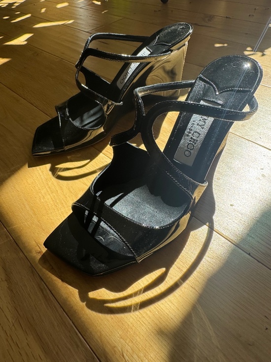 Jimmy Choo Shoes - Jimmy Choo Anise 85 Black Patent Leather Wedge Sandals 7